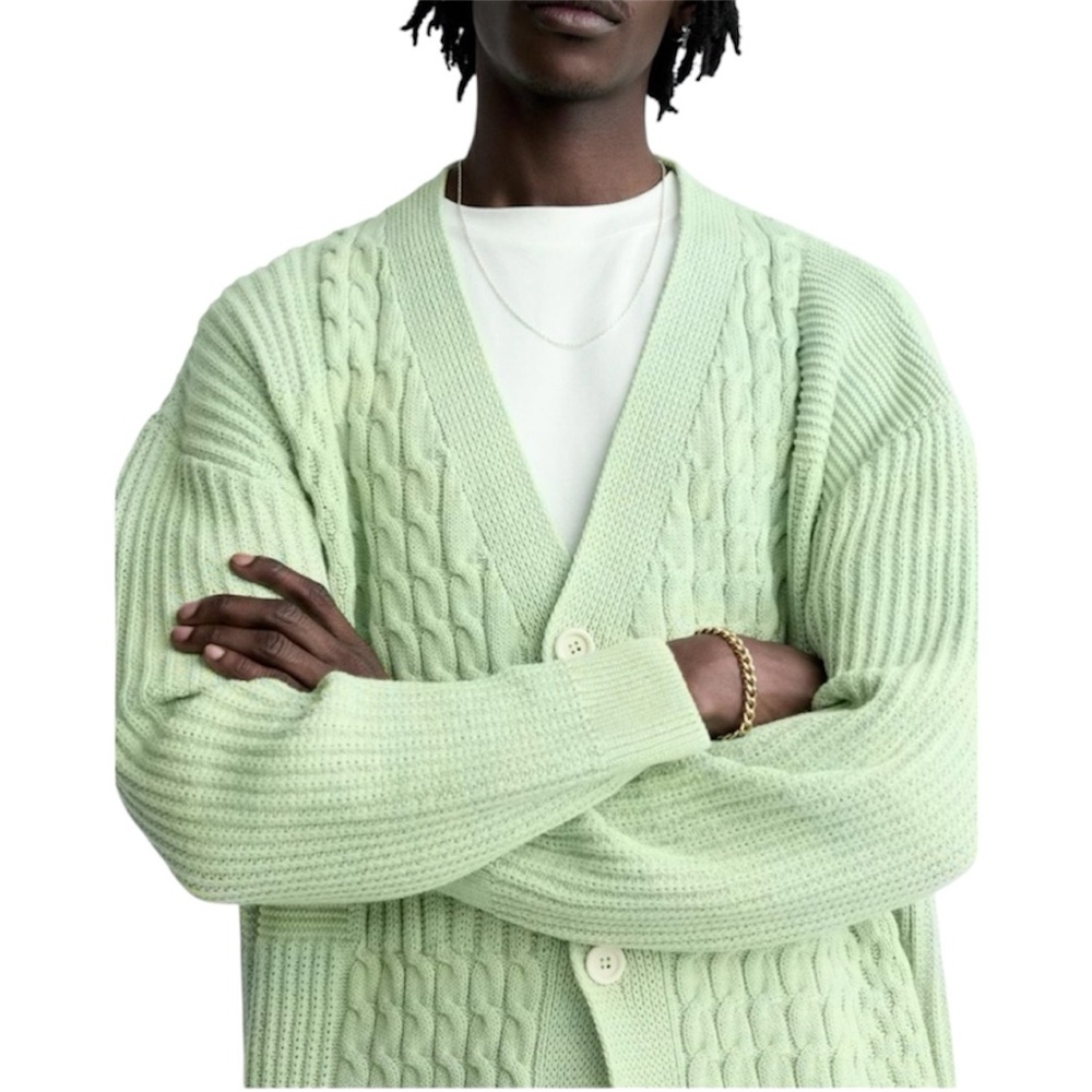 NWT ZARA Woven Cable Knit Sweater Cardigan in Blue/Green - Size L - Picture 6 of 12